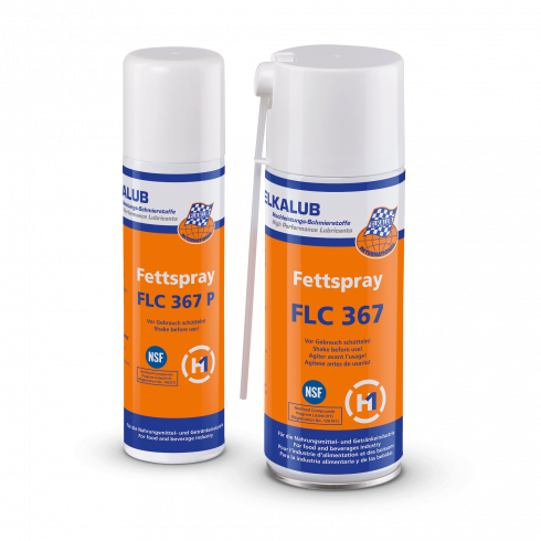 Two spray cans of ELKALUB FLC 367 grease spray. On the left is a 300 ml can, on the right a 400 ml can with dosing dyse.