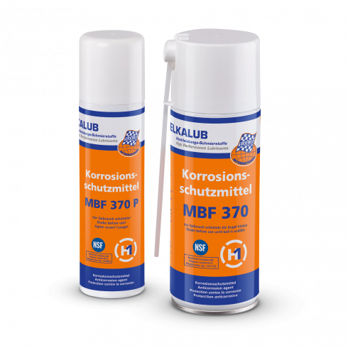 Two spray cans of ELKALUB MBF 370 Anticorrosion agent. On the left is a 300 ml can, on the right a 400 ml can with dosing dyse.