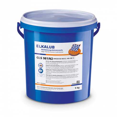 ELKALUB GLS 981/N2 Grease for the food industry in a blue 5 kg bucket. An NSF and an H1-certified logo are printed on the label.