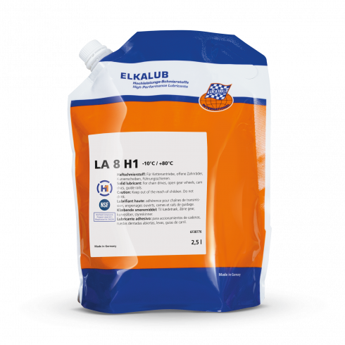 ELKALUB LA 8 H1 Chain and adhesive lubricant in a 2.5 liter tube bag with orange-blue print. An NSF and an H1-certified logo are printed on the label.