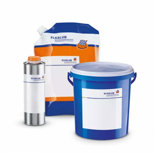 Various ELKALB containers for fluid greases and lubricant concentrates. In front on the right is a 5 kg bucket, behind it on the left is a 1 l metal bottle. A tube bag is shown in the background.
