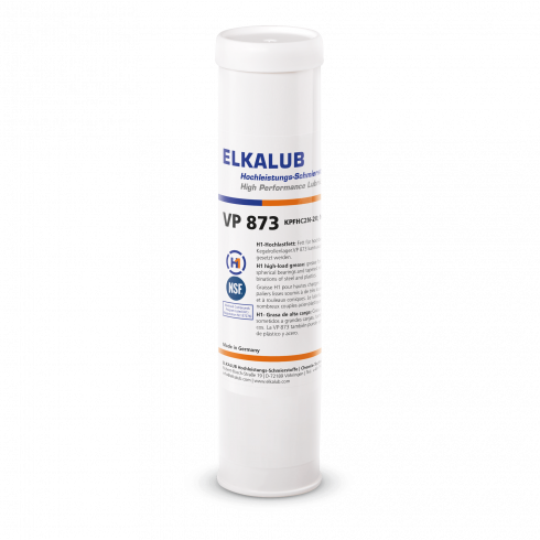 ELKALUB VP 873 high-load grease in a white 400 g cartridge. An NSF and an H1-certified logo are printed on the label.