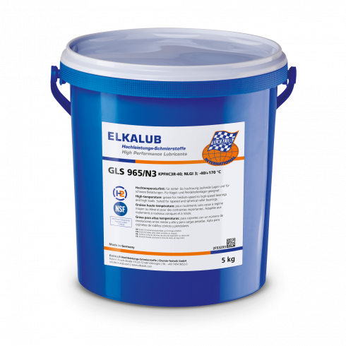 ELKALUB GLS 965/N3 High-tem­pera­ture grease in a blue 5 kg bucket. An NSF and an H1-certified logo are printed on the label.