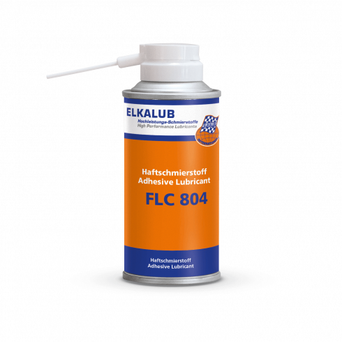 ELKALUB FLC 804 adhesive lubricant in an orange 150 ml spray can. A dosing aid is attached to the white spray head.