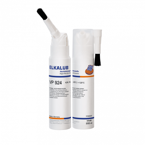 ELKALUB VP 924 Assembly and contact grease in the white 200 ml brush can. On the left is an open can with bristle attachment. On the right is a can with a closed cap. The brush attachment is attached to the side of the cap.