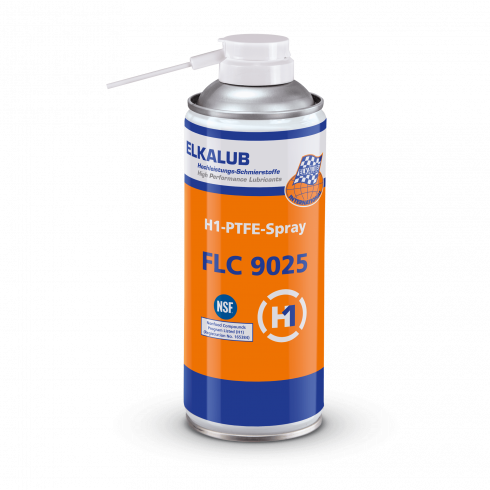 ELKALUB FLC 9025 H1 in an orange 150 ml spray can. A dosing aid is attached to the spray head. An NSF and an H1-certified logo are printed on the label.